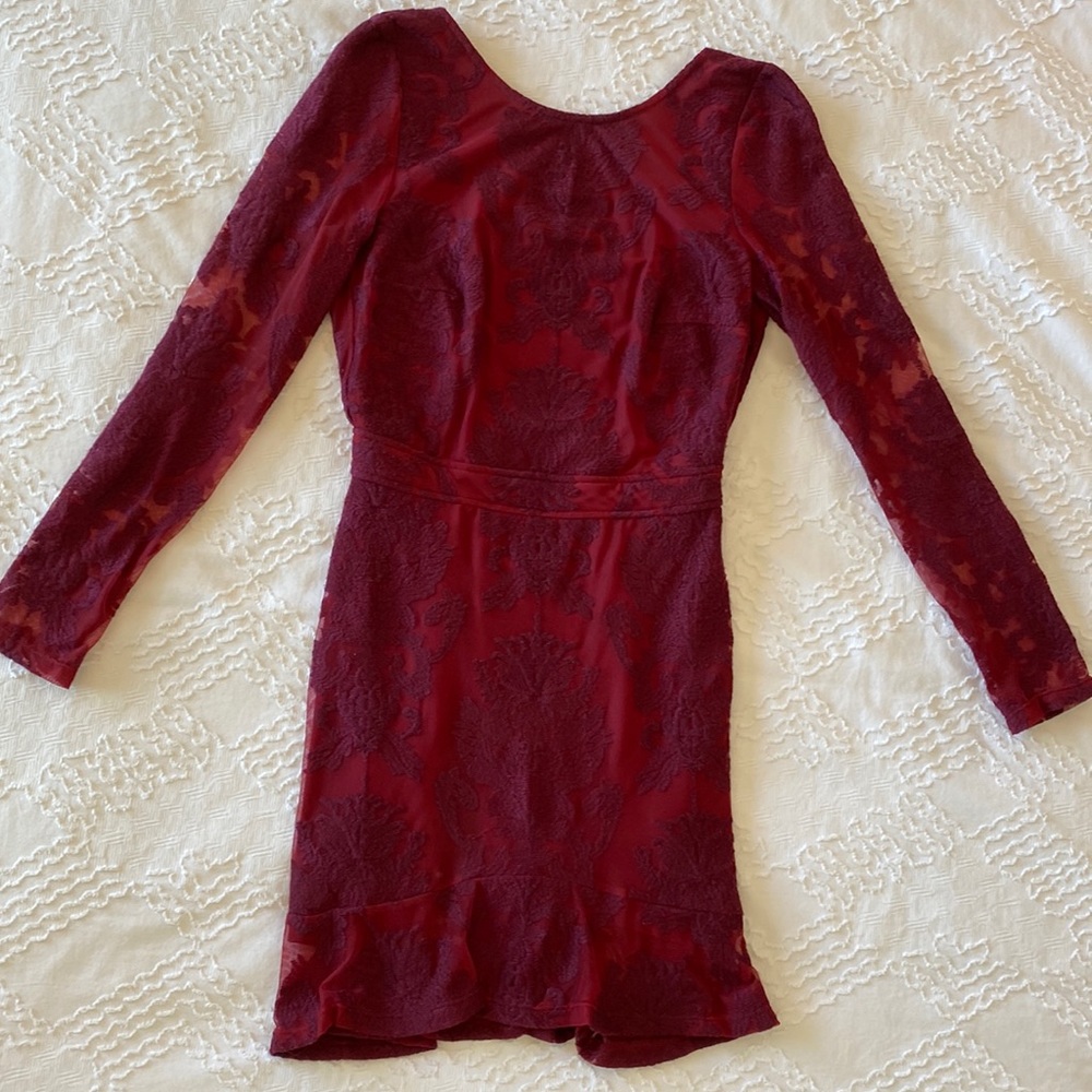 Gorgeous For Love & Lemons burgundy dress with embroidered detail.